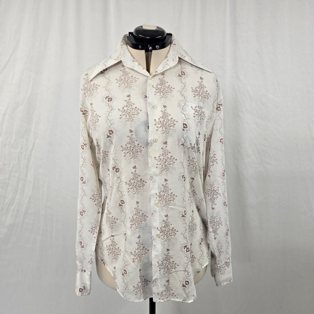 Vtg Permanent Press Button Down Blouse Women's XL White Pink Floral Long Sleeve